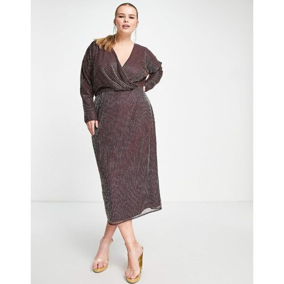 ASOS DESIGN Size 12 Mauve Purple gold linear embellished batwing midi dress - Picture 3 of 15